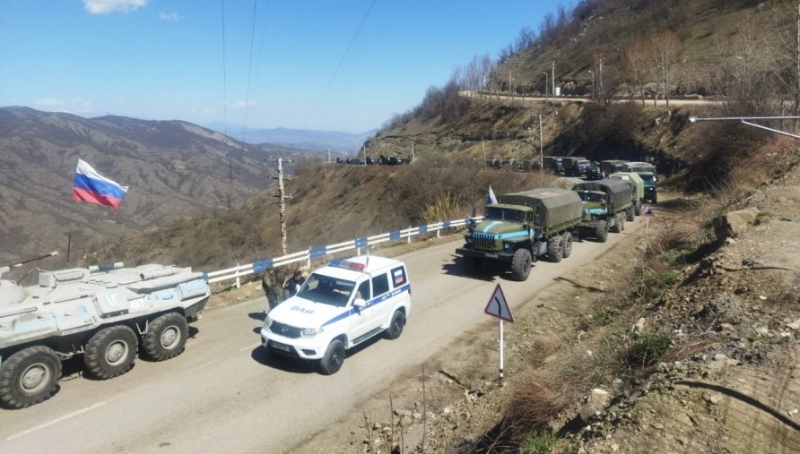 Over 40 vehicles of Russian peacekeepers move freely along Lachin-Khankendi road
